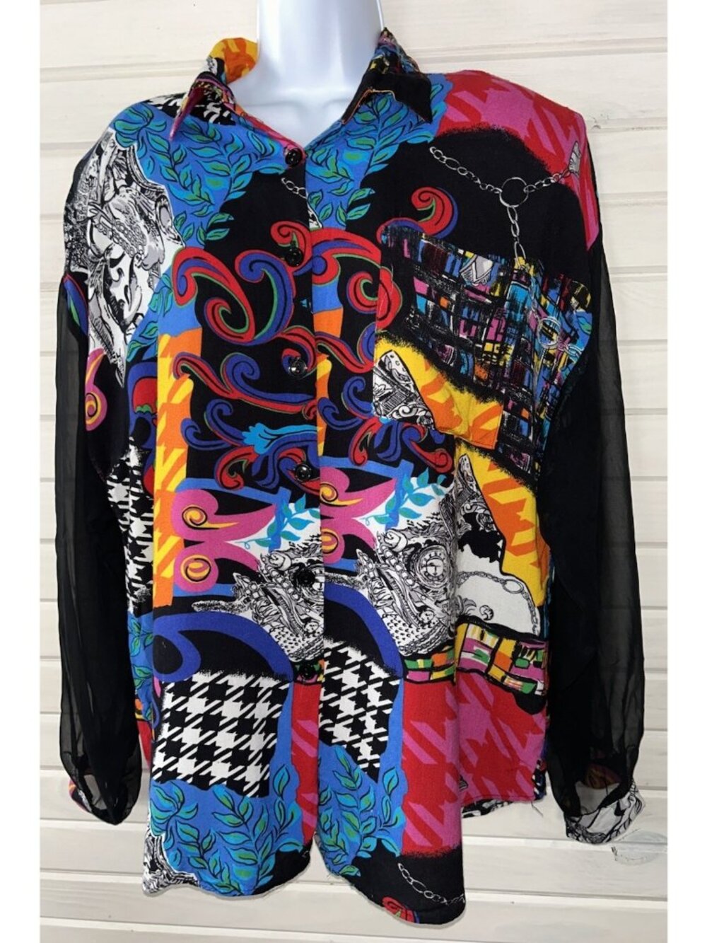 VTG Forenza Sz LARGE Bold Print Button Up Blouse w/ Chiffon Sleeves Rayon VGUC